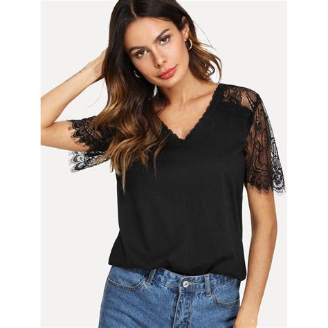 V Neckline Lace Sleeve Tee In 2020 Long Sleeve Tee Dress Knitted
