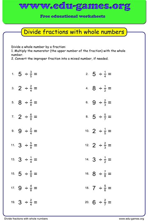Dividing Fractions With Whole And Mixed Numbers Worksheet