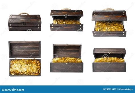 Set With Treasure Chests Full Of Gold Coins On White Background Stock
