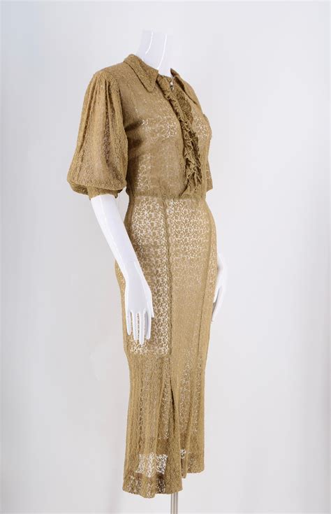 30s Ecru Lace Sheer Blouson Sleeve Dress Vintage 1930s Floral