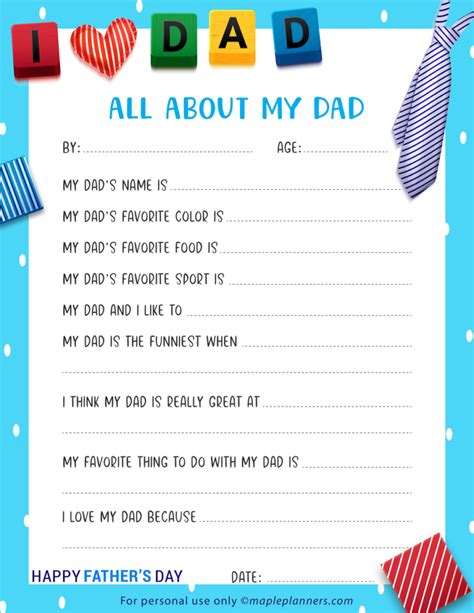 All About My Dad Fathers Day Printables Download Free Printables