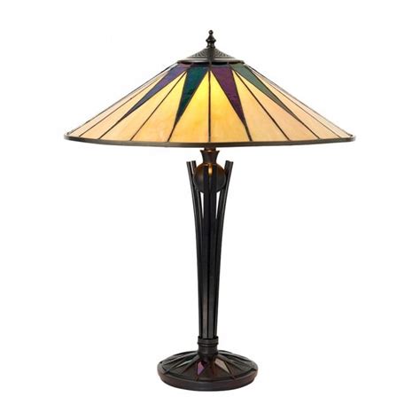 art deco tiffany table lamp on aged brass base black dark star pattern