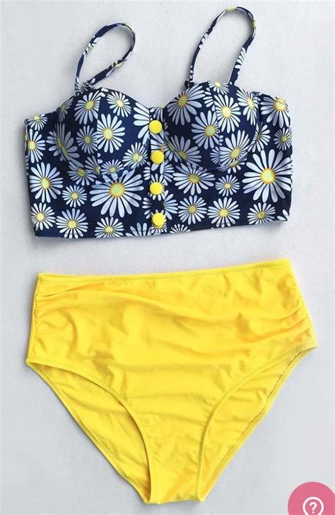 Navy And Yellow Floral High Waisted Bathing Suit High Waisted Bathing