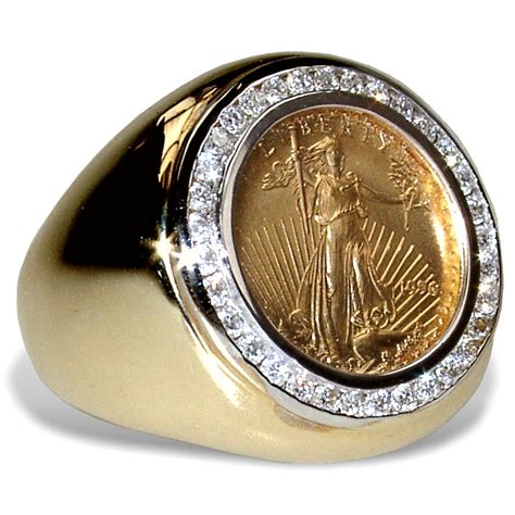 Mens Diamond And Gold Coin Ring Featuring The 110th Ounce Usa Walkin