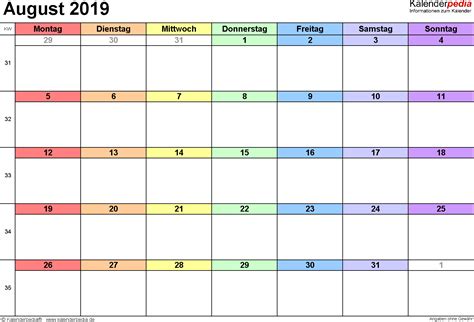 Includes 2019 observances, fun facts & religious holidays: August Kalender 2019 Schulferien