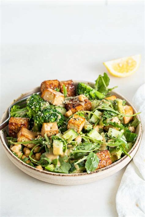 High Protein Vegan Salad With Tofu Tempeh Chickpeas And Avocado