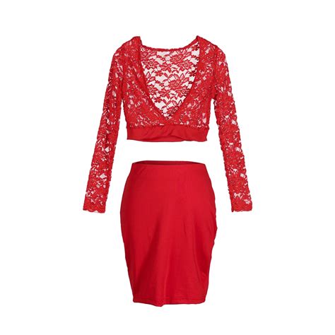 Summer Women Sexy Clothes Set Bodycon Skirt Long Sleeve Crop Top Lace V Neck Party Evening