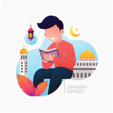 Boy Is Sitting And Reading Al Quran The Holy Book Of Islam Stock Vector