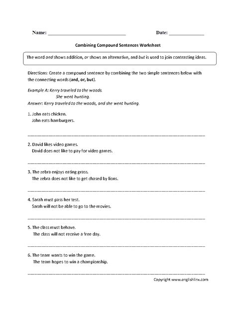 Compound Sentence Worksheet Grade