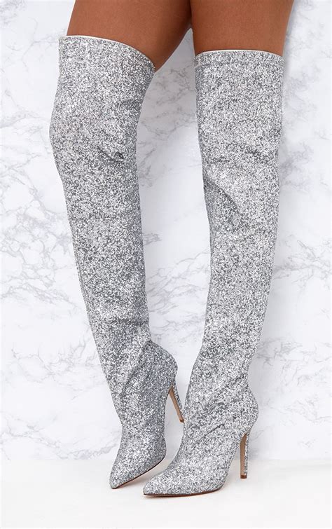 Silver Glitter Knee High Boots Silver Clear Glitter Lace Up Knee High