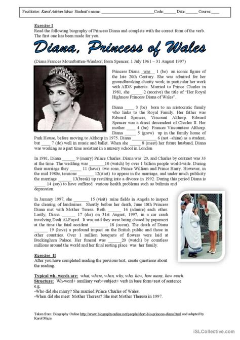 Princess Diana Biography General Gr English ESL Worksheets Pdf Doc