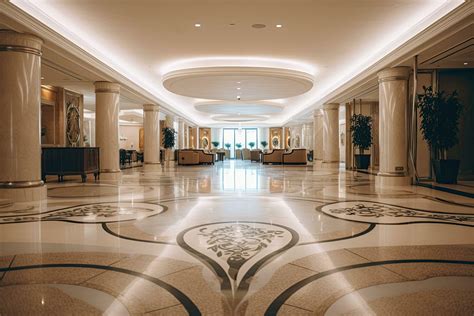 Interior Of A Hotel Lobby With Marble Floor And White Walls A Big And Luxurious Hotel Lobby