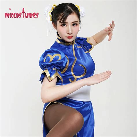 Game Street Fighter Chun Li Cosplay Costume Blue Cheongsam Halloween Party Dress Women Outfit