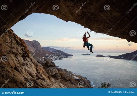 Rock Climber Hanging On Rope After Falling Of Cliff Stock Photo Image