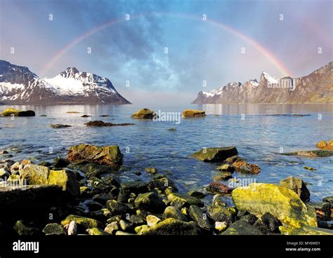 Norway Fjord With Rainbow Over Sea Stock Photo Alamy