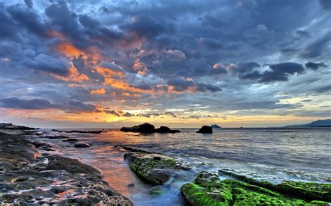 1094374 Landscape Sunset Sea Bay Rock Nature Shore Sky Clouds