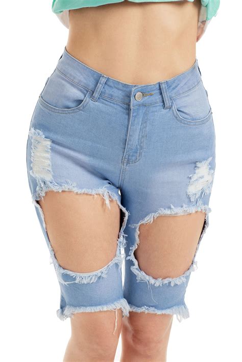 Fashionable Denim Blue Distressed High Waist Bermuda Shorts