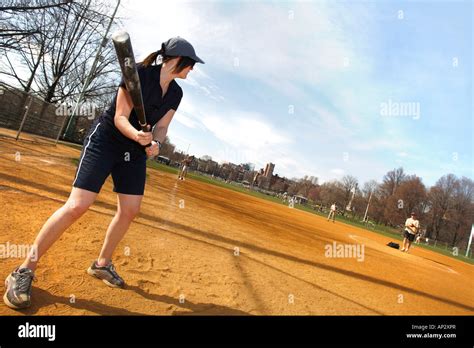 A Woman Playing Softball On Boston Common Boston Massachusetts Usa