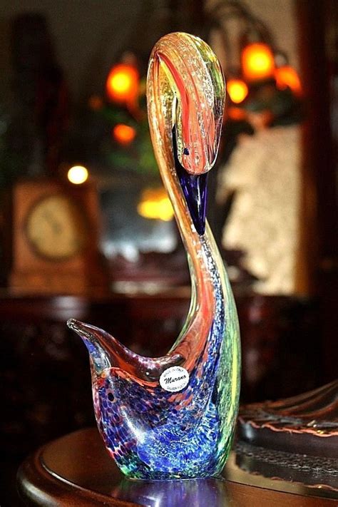 Signed Zane Murano Italy Art Glass Swan Multi Color Silver Flecks Sculpture Murano Italy Art