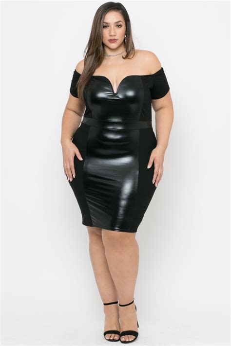 Plus Size Naomi Faux Patent Leather Bodycon Dress Black Leather