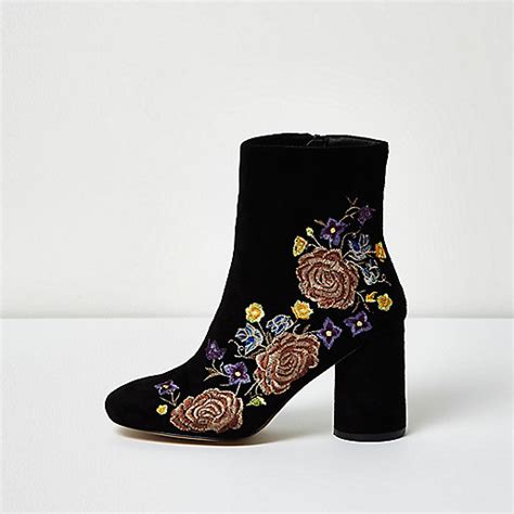 Black Embroidered Floral Ankle Boots Boots Shoes Boots Women