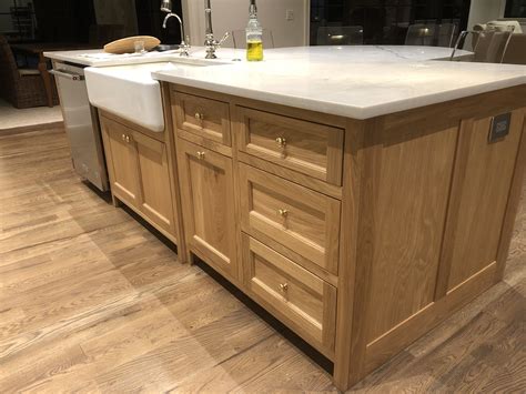 White Oak Kitchen Island With Farm Apron Sink Cottage Cabinet White