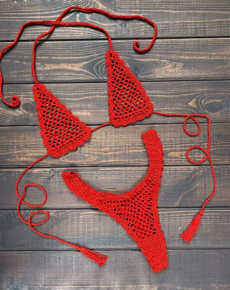 Red Crochet Extreme Micro Bikini Set See Thru Sheer Bikini Etsy Singapore