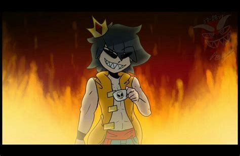 A Cartoon Character Holding A Camera In Front Of Fire And Flames Behind