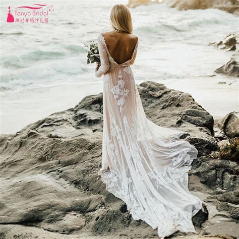 Nude Linging Long Sleeve Wedding Dresses 2019 Sexy Backless Boho Beach Bridal Gypsy Lace