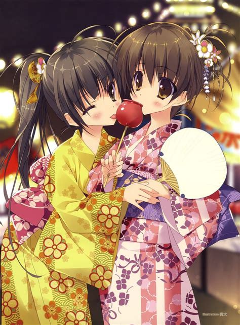 Anime Art Yuri Girls In Love Yukata Traditional Wear