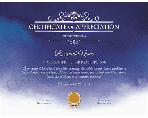 Certificate Of Appreciation Editable Printable Certificate Etsy In