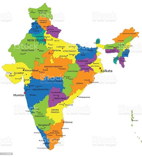 Colorful India Political Map With Clearly Labeled Layers Stock