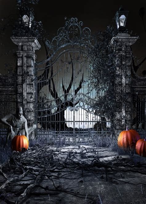 Horrible Iron Gate Pumpkins Skull Ghost Scary Halloween Backdrops