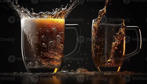 Close Up Two Cold Beers With Foam And Water Drops Generative Ai
