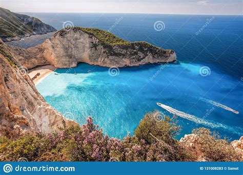Navagio Beach With Shipwreck And Flowers On Zakynthos Island Greece