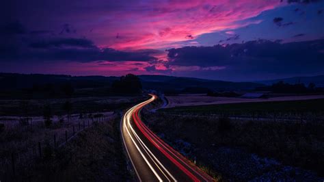 Highway Purple Long Exposure Twilight Lights Coolwallpapersme