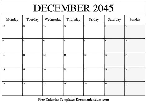 December 2045 Calendar Free Blank Printable With Holidays