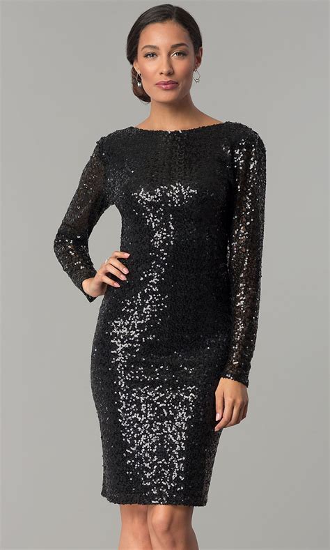 Sleeved Cowl Back Short Black Sequin Party Dress Black Sparkly Dress
