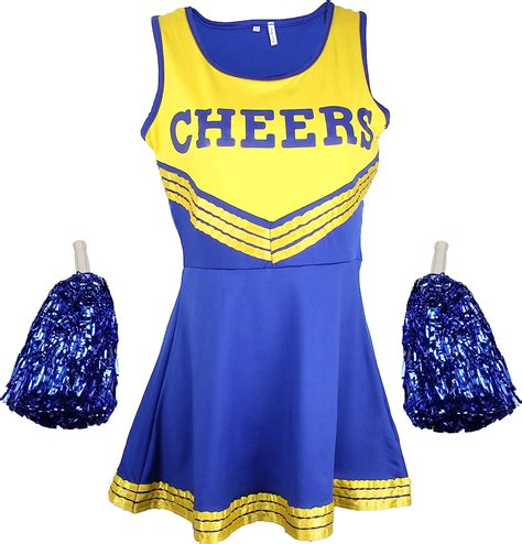 cheerleader fancy dress outfit uniform high school musical costume with pom poms blue and yellow