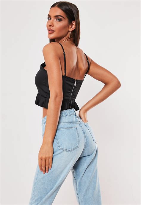 Black Satin Ruched Front Cami Crop Top | Missguided