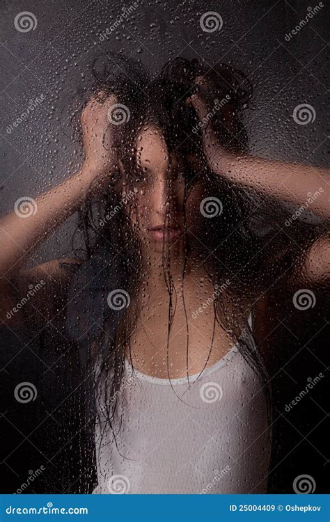 A Beautiful Girl Behind The Glass Stock Image Image Of Anticipation Raindrops 25004409
