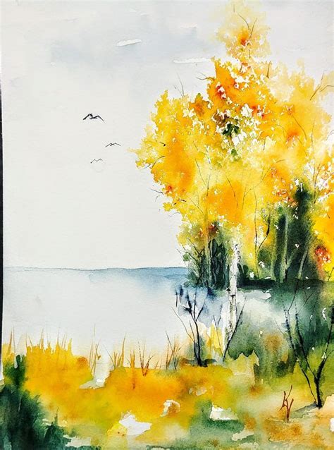 Autumn Watercolor Scene Watercolor Water Fall Watercolor Abstract
