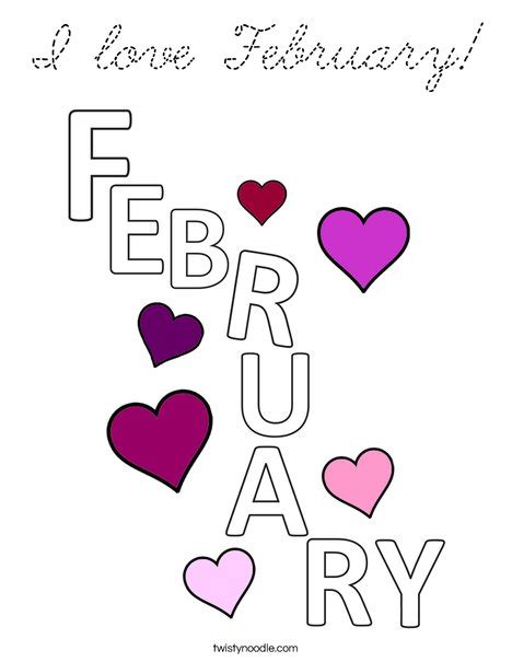 I Love February Coloring Page Cursive Twisty Noodle