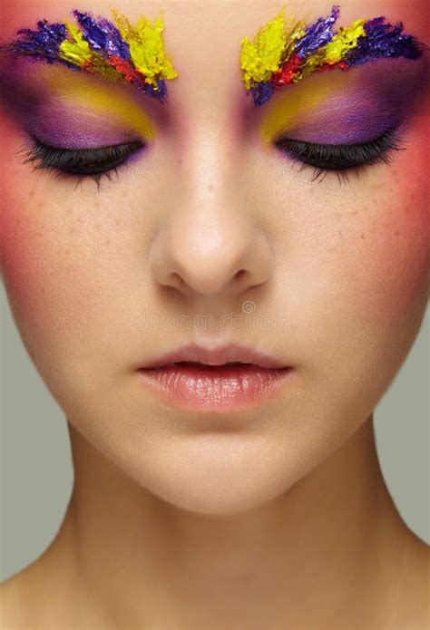 Close Up Female Portrait With Eyes Closed And Unusual Face Art Make Up