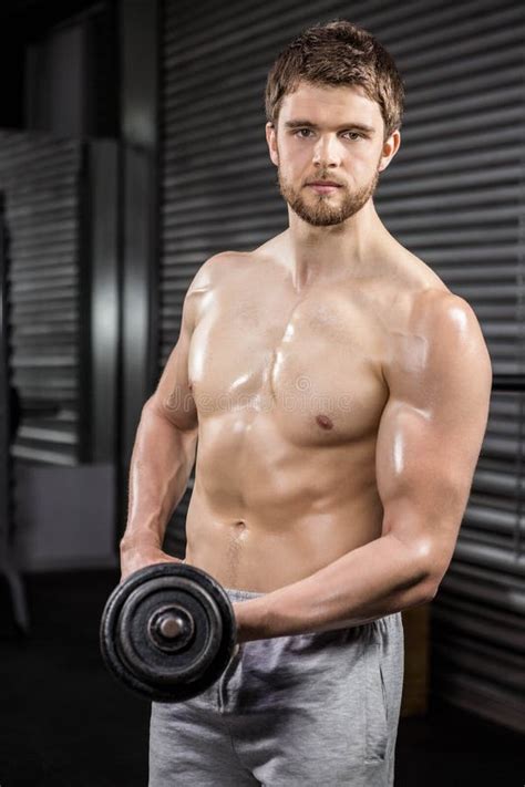 Shirtless Man Lifting Heavy Dumbbell Stock Photo Image Of Healthy