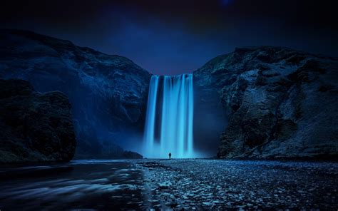 冰島，山石，瀑布，晚上 電腦桌布 1920x1200 桌布下載
