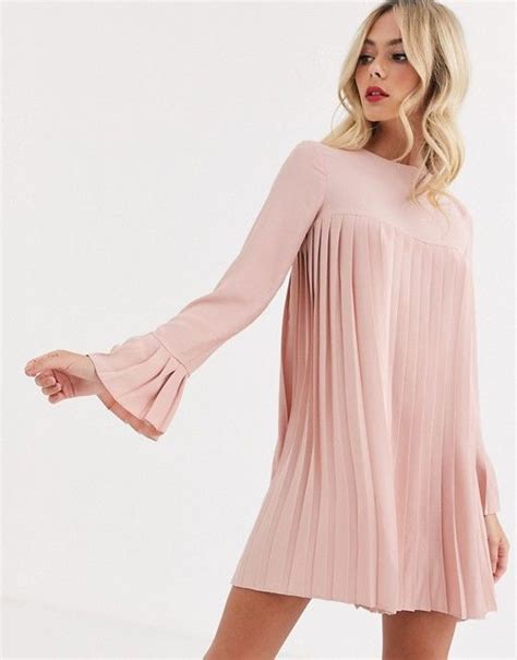 Asos Design Pleated Trapeze Mini Dress With Long Sleeves In Blush