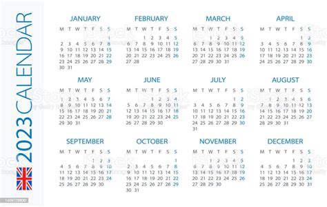 Calendar 2023 Year Horizontal Vector Illustration English Version Week