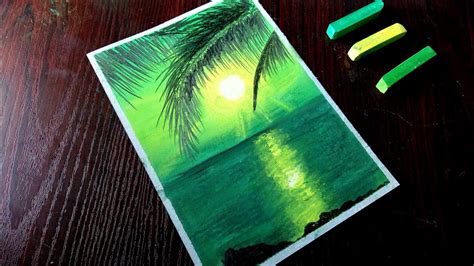 Green Sunset Scenery Drawing With Soft Pastels For