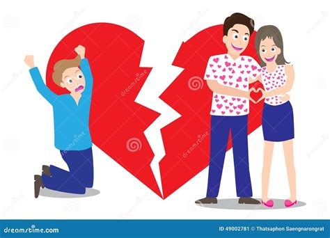 Sad Man Seeing Love Couple With Broken Heart Shape Background In Concept Of Being Broken Heart